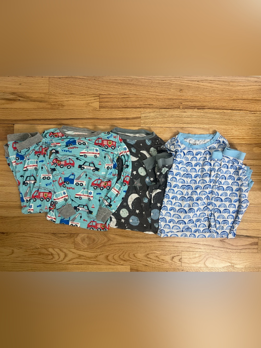 Little Sleepies Lot- Moon & Planets Gray, Blue Rainbow, and Aqua Vehicles size 4